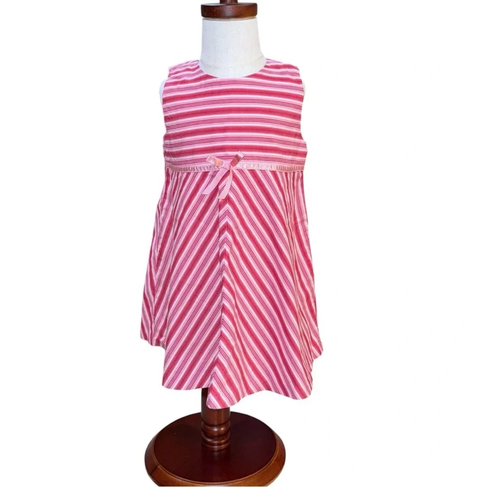 Vintage Baby Gap Y2K Pink Striped Empire Waist Dress Bow Detail Toddler 2 Years